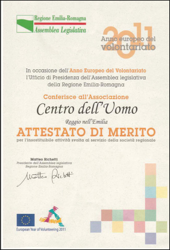 Urkunde für das Zentrum des Menschen für Verdienste in Emilia-Romagna 2011